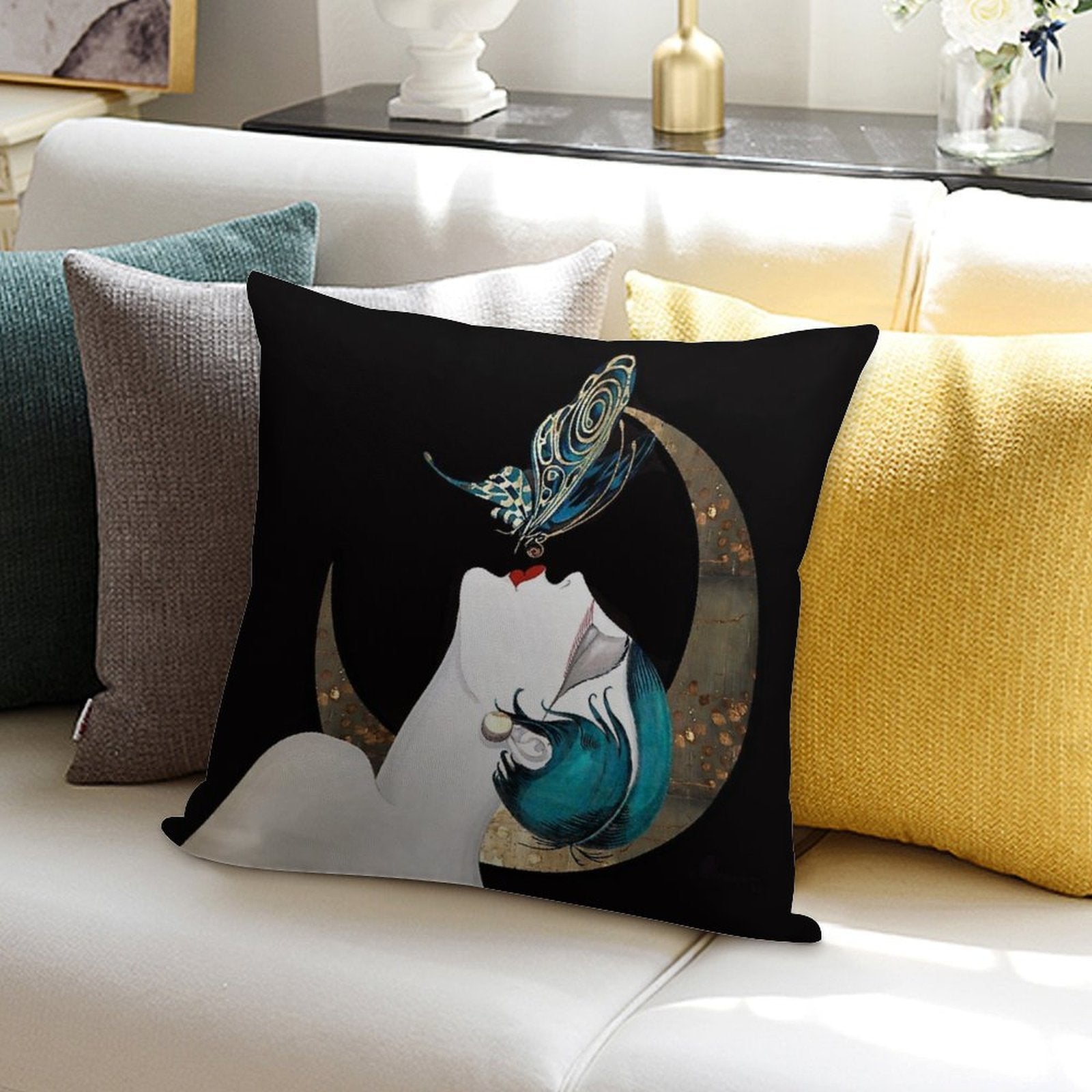 Butterfly Kiss French Art Deco Flapper Woman Remix Soft Shrink-Resistant Throw Pillow