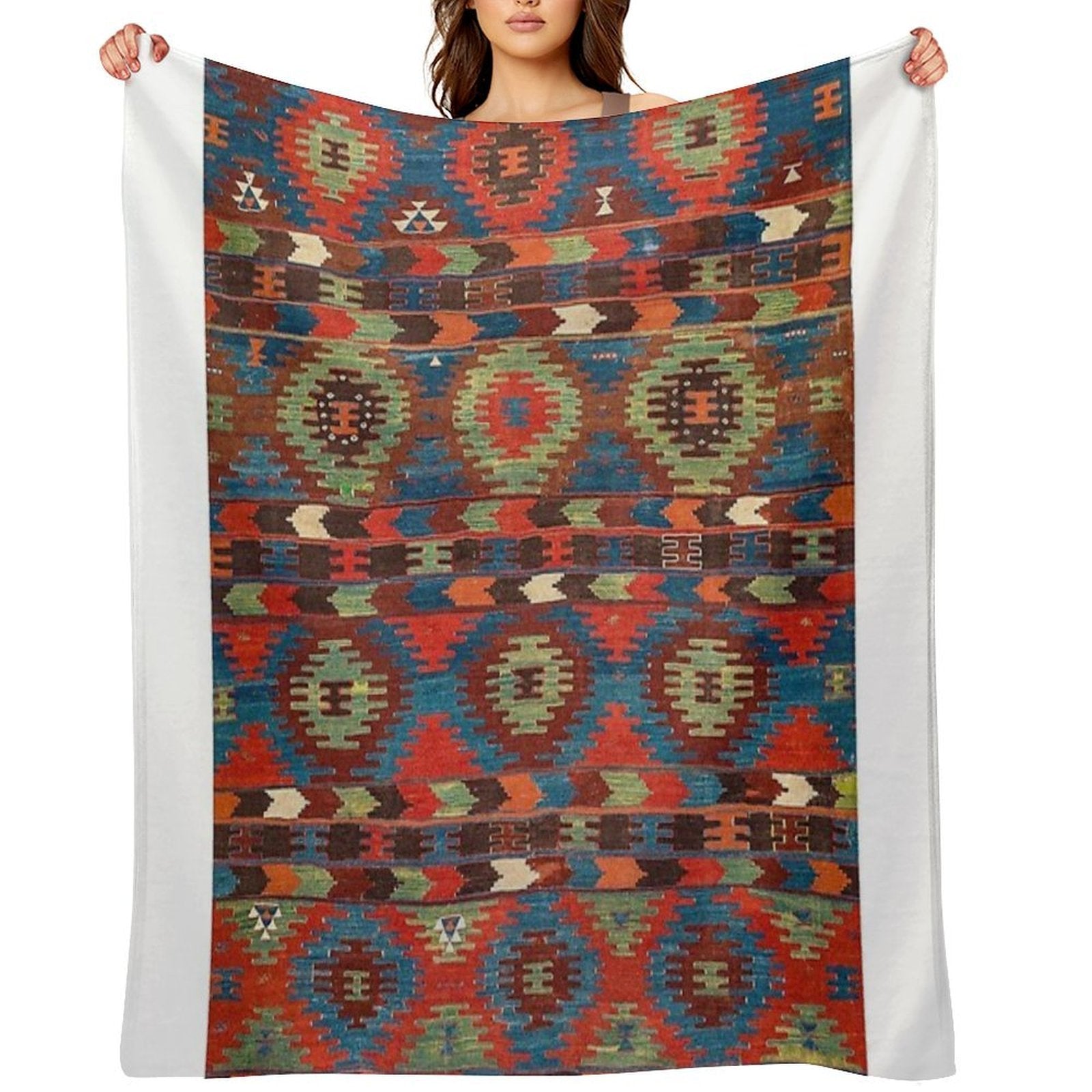 Tuscan Shapes III  19th Century Southwestern Colorful Red Blue Orange Green Brown Ornate Rug Pattern Comfort Throw Blanket