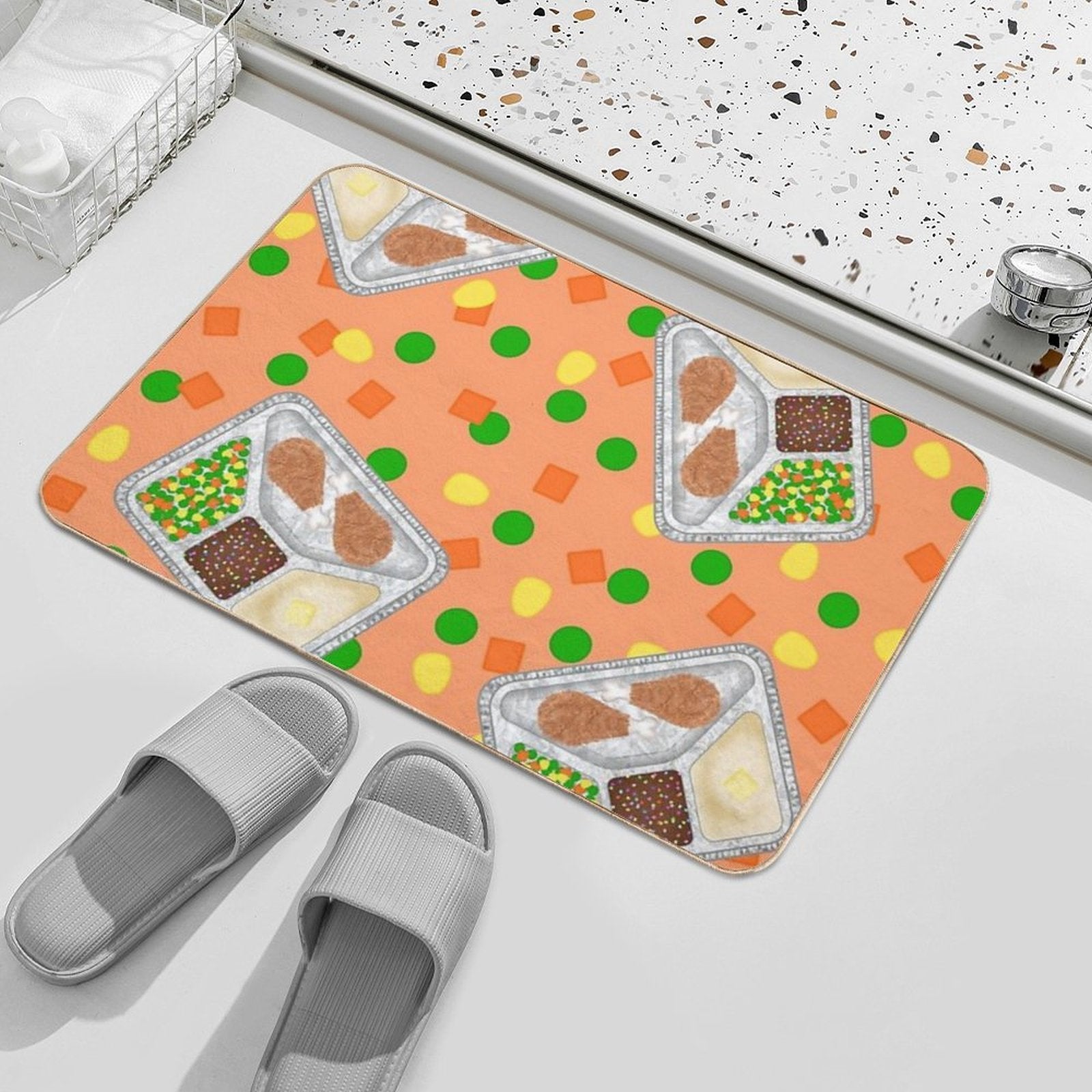 Retro 80’s TV Dinner Tray Food Fried Chicken Peas Corn Carrots On Light Pastel Orange Peach  Dirt-Trapping Bath Mat