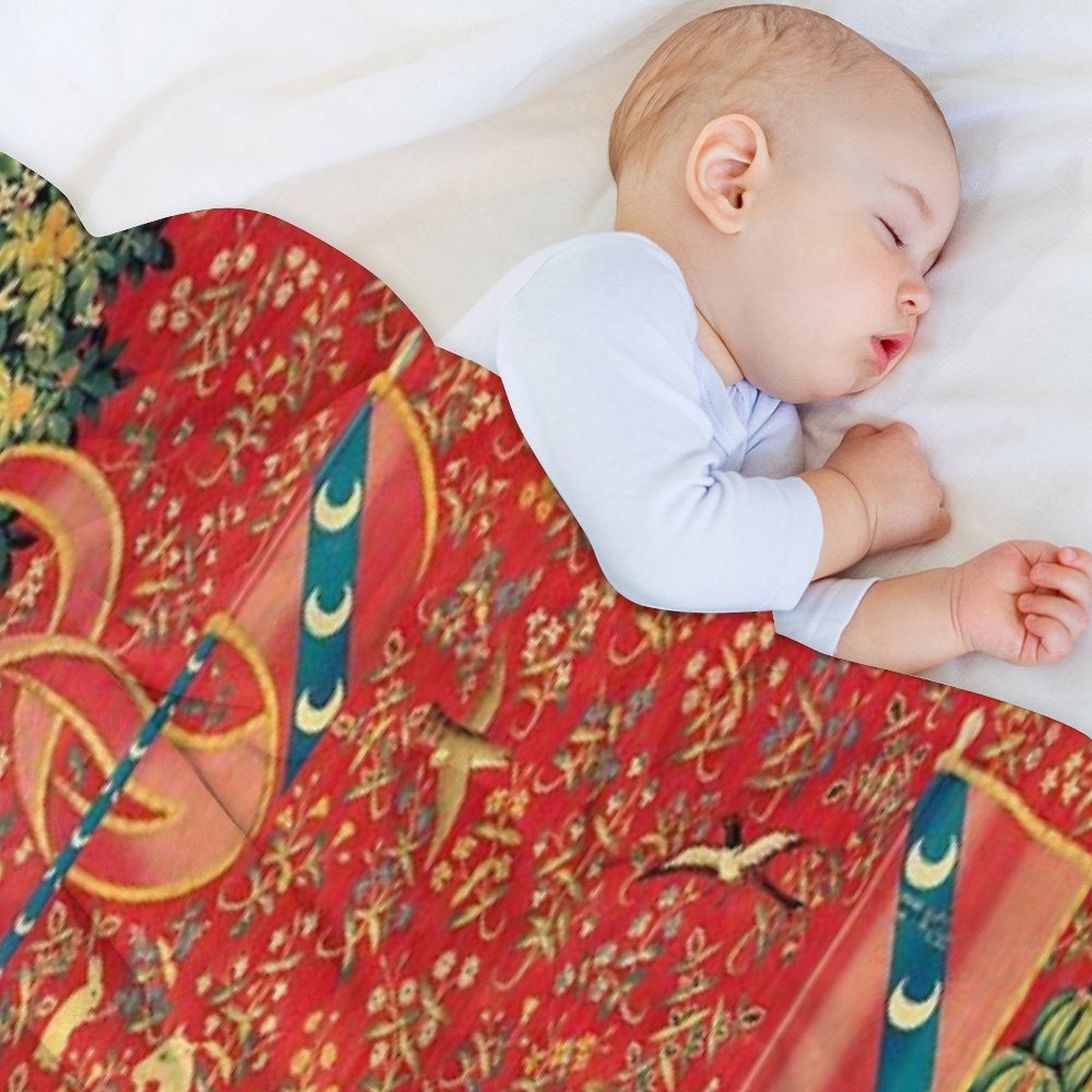 LADY AND UNICORN Taste, Red Green Fantasy Flowers,Animals Multi-functional Throw Blanket