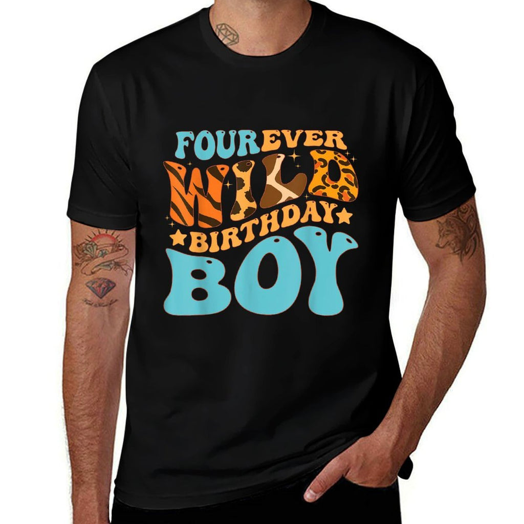 Four Ever Wild Birthday Boy Retro Groovy Safari Zoo Themed  Oversized Silhouette T-Shirt