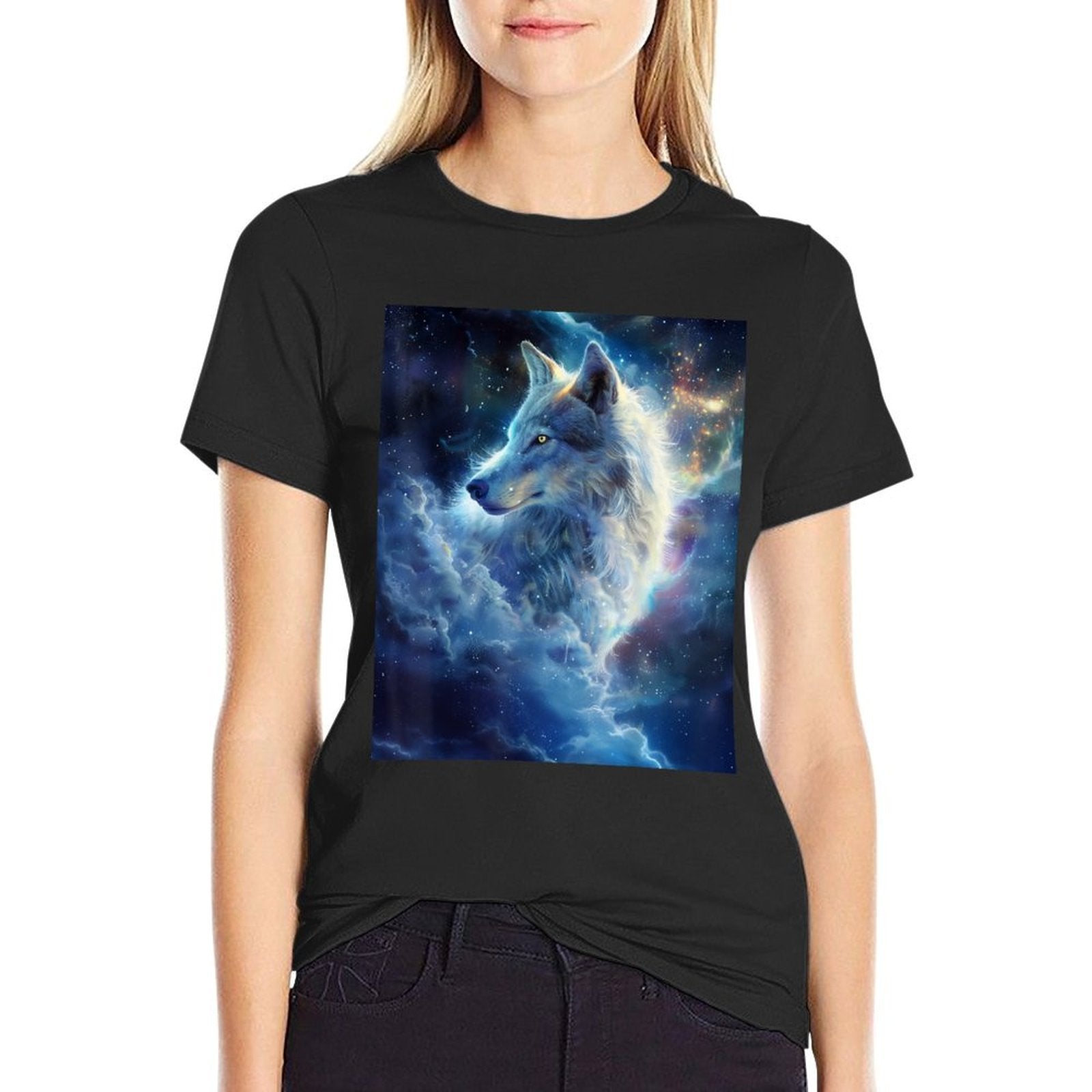 Alpha Galaxy Wolf Dark Fantasy Space Graphic Wolf Lovers  Summer-ready Fabric T-Shirt