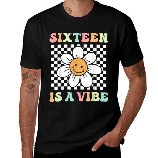 Sixteen Is A Vibe Groovy 16th Birthday Party Daisy Flower  Fade-proof Color T-Shirt