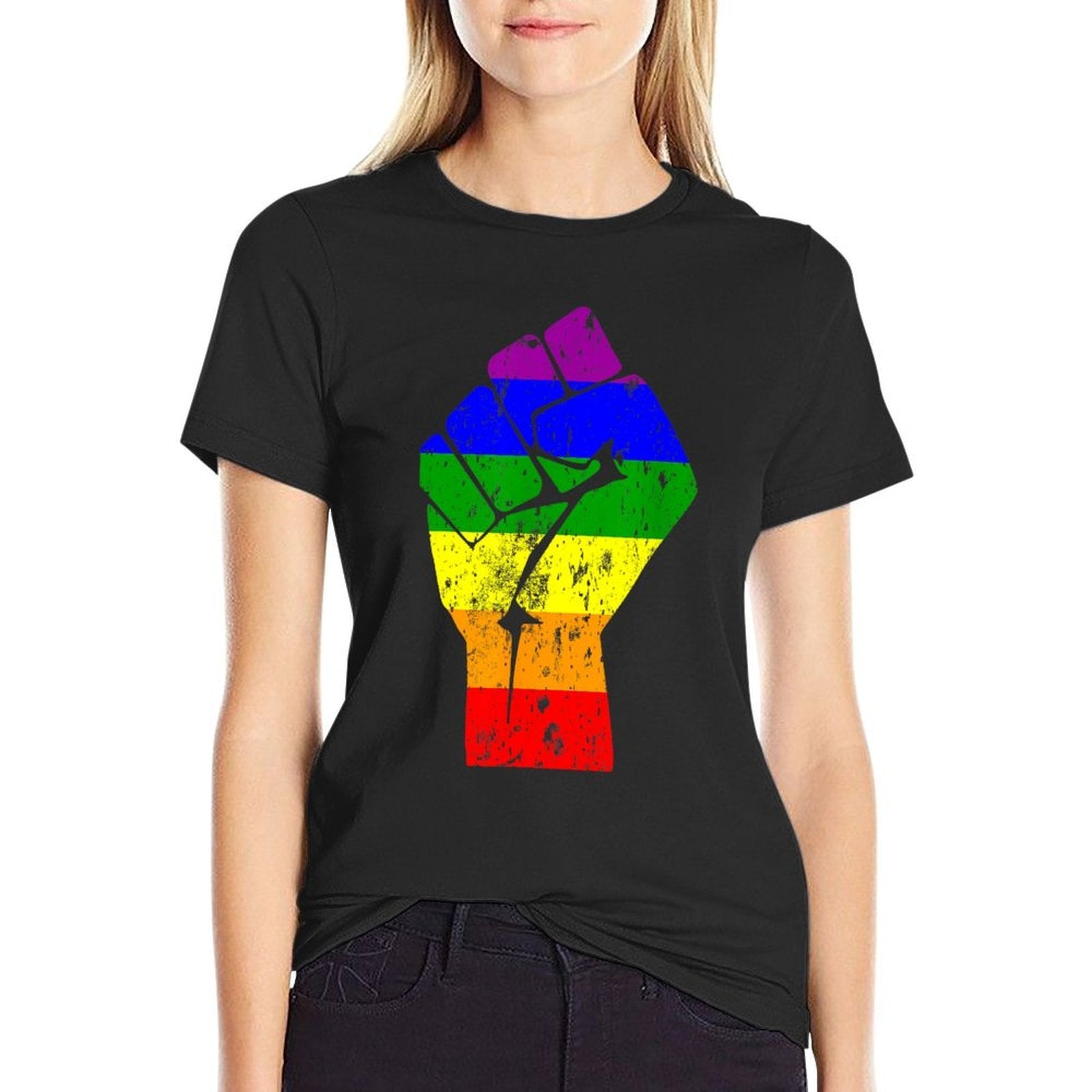 Resist Fist Rainbow Gay Pride  Ribbed Collar T-Shirt