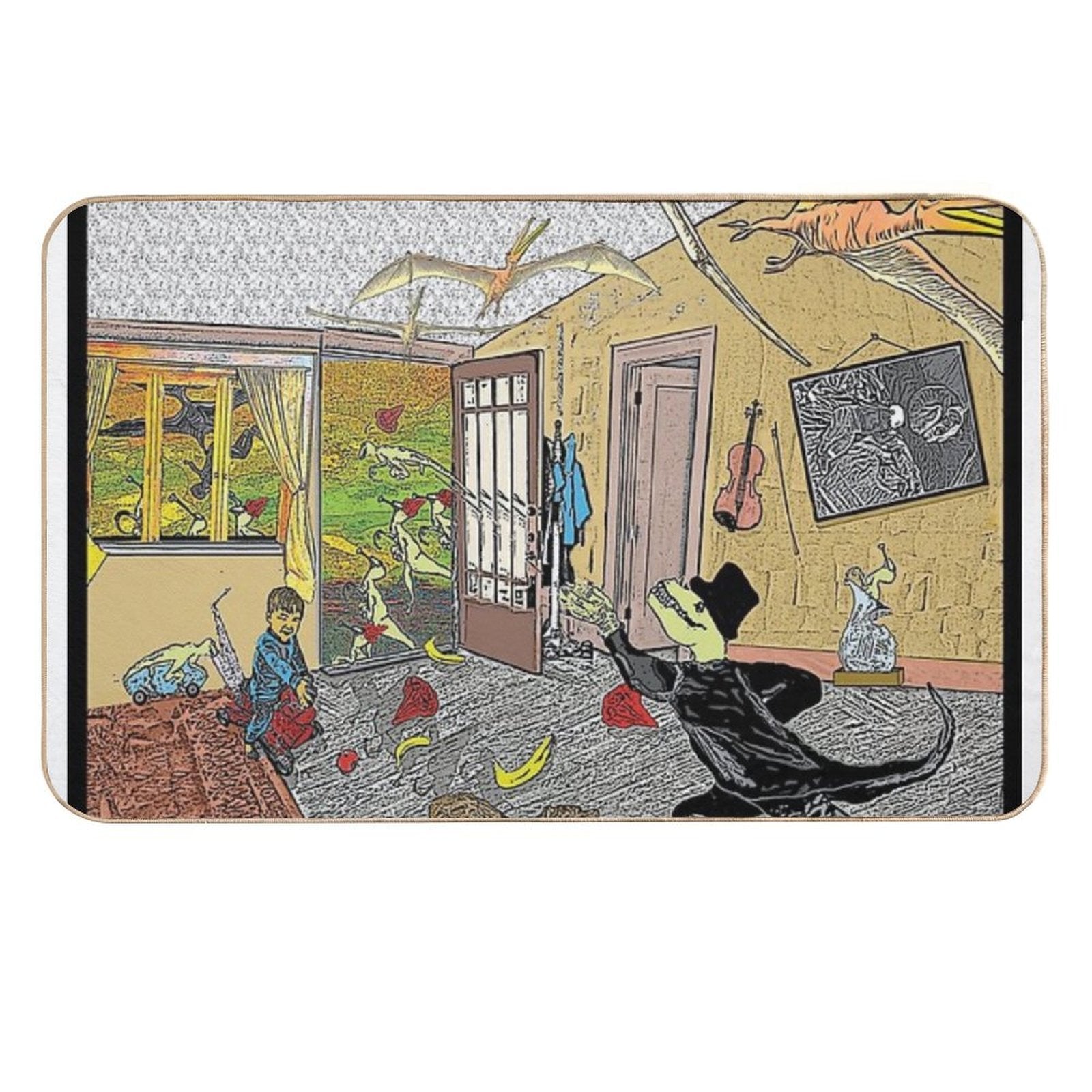 A Tuxedoed Dinosaur Helps Evict Rowdy Party-goers.  Odorless Bath Mat