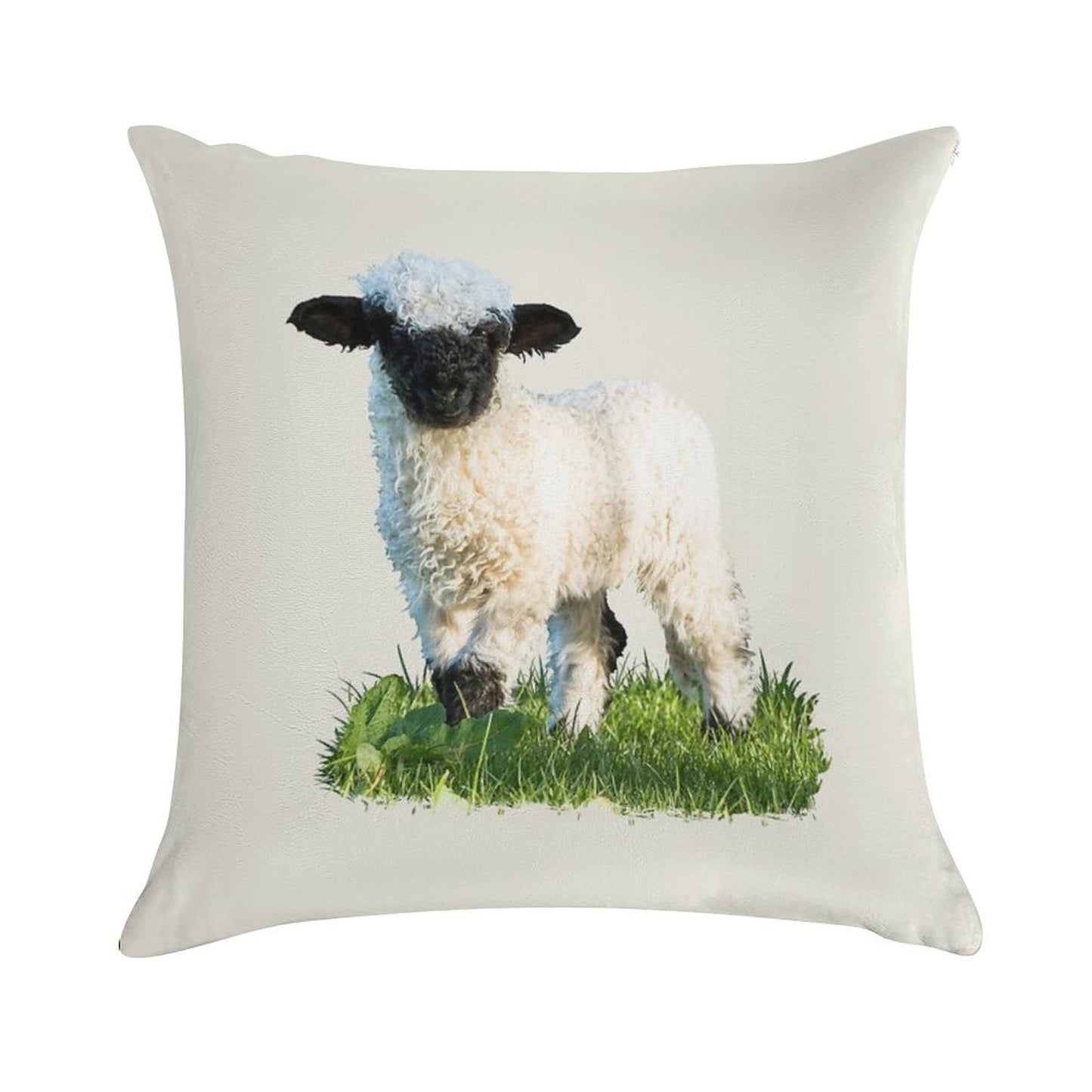 Valais Blacknose Lamb in A Meadow Placement Print Soft Reinforced Edging Throw Pillow