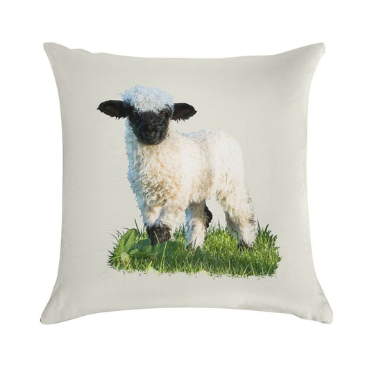 Valais Blacknose Lamb in A Meadow Placement Print Soft Reinforced Edging Throw Pillow