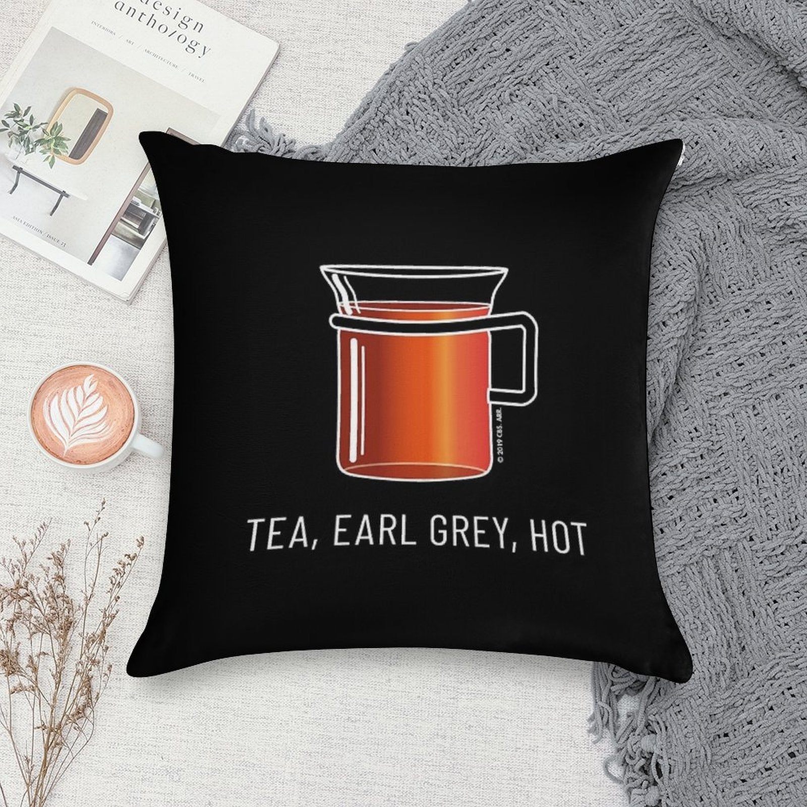 Tea, Earl Grey, Hot - Captain Picard, Star Trek TNG, (dark Backgrounds) Soft High-Density Material Throw Pillow
