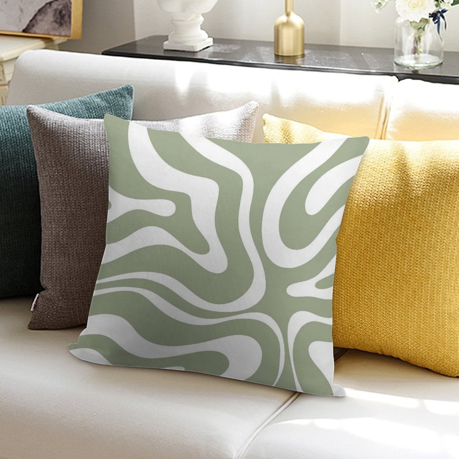 Liquid Swirl Abstract Pattern in Sage Green And White Soft Home Decor Throw Pillow