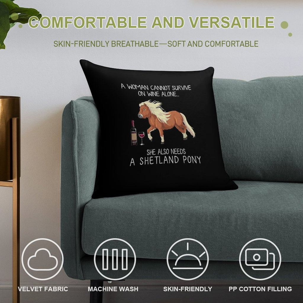 Shetland Pony Horse And Wine Funny Horse Soft Short Plush Fabric Throw Pillow