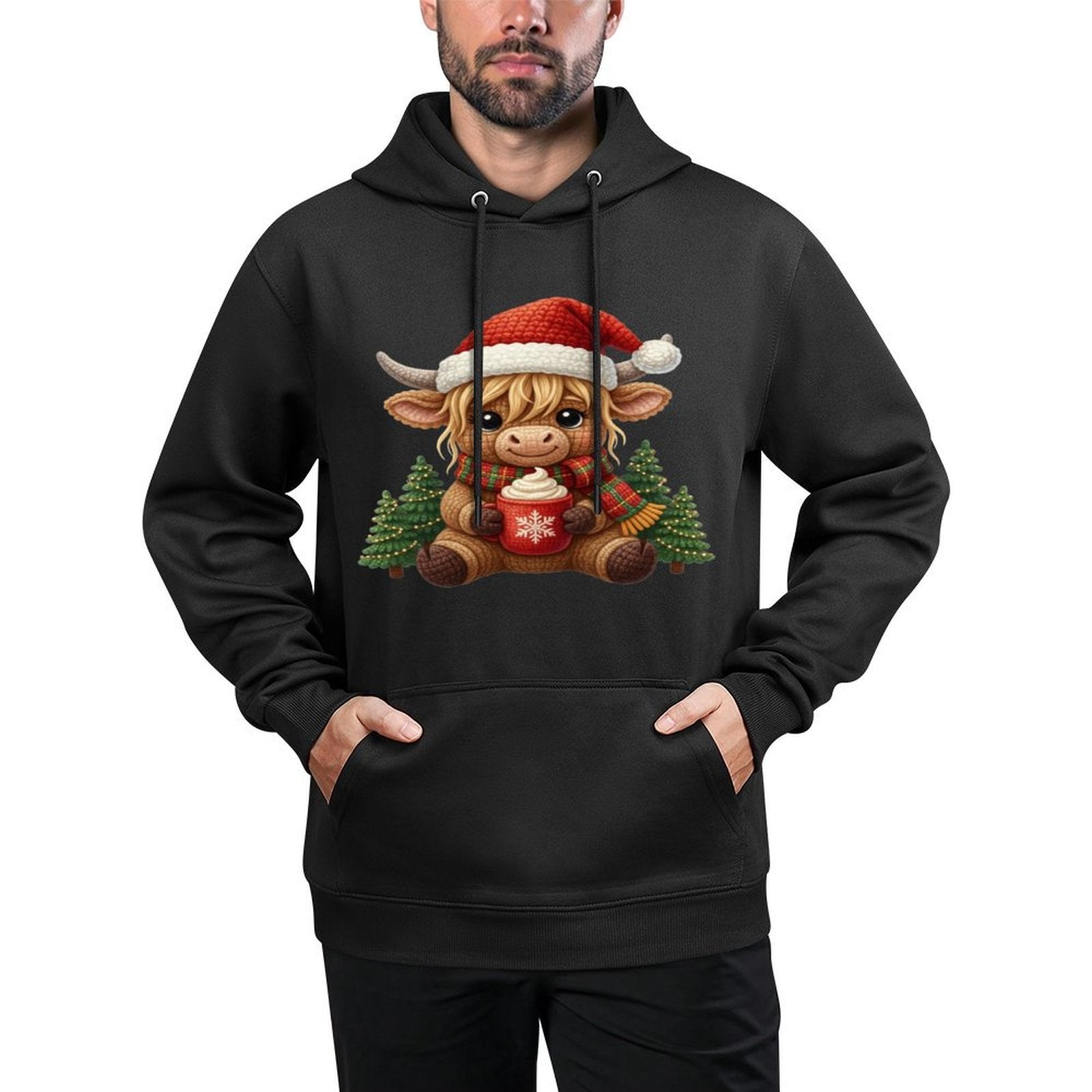 Crochet Yarn Cute Christmas Highland Cow Santa Hat Farm Sweatshirt Kangaroo Pocket Hoodie