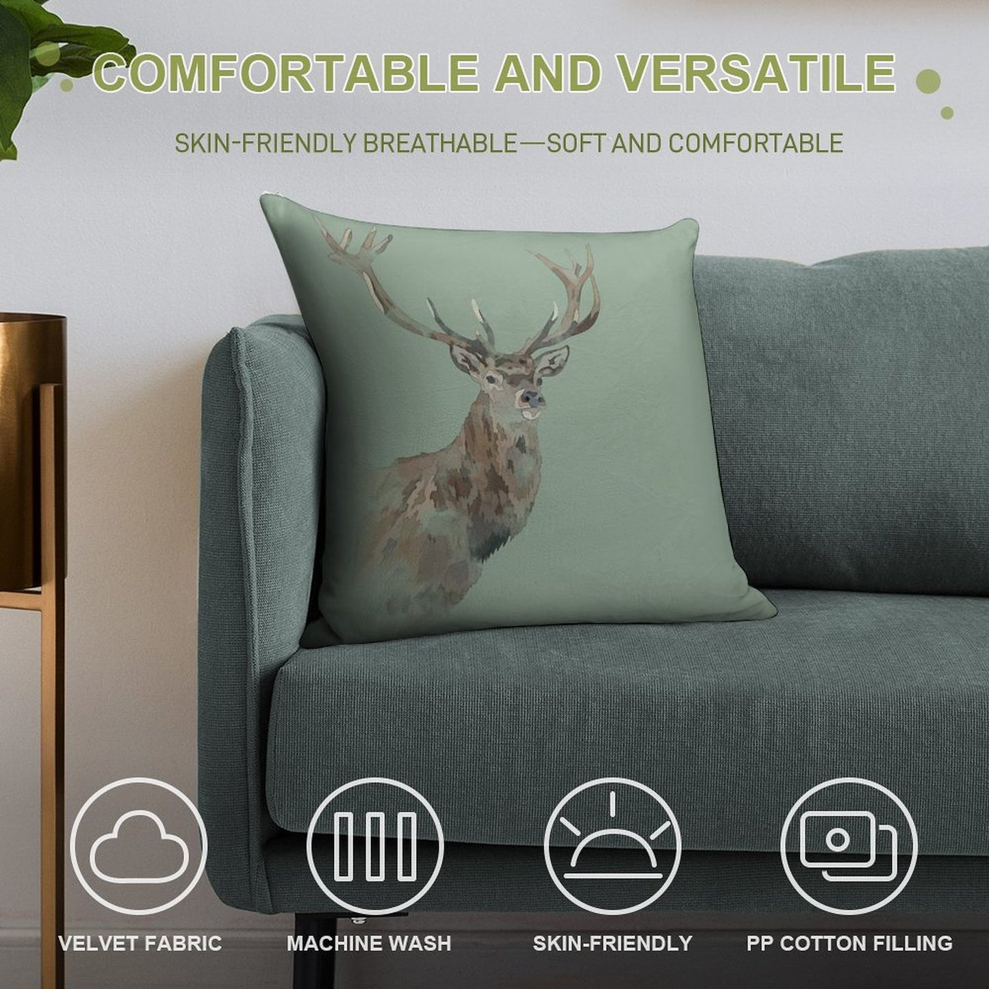 Watercolour Stag Green Soft Durable Construction Throw Pillow