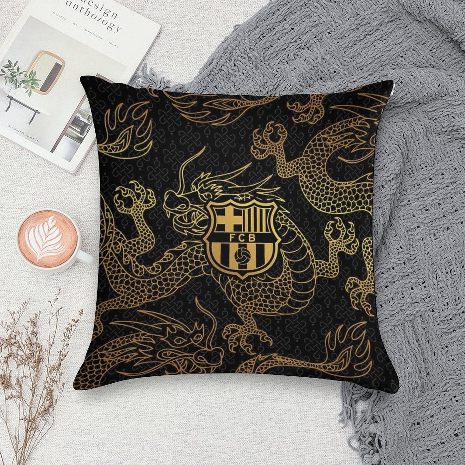 Barca Gold And Black Dragons Soft Reinforced Edging Throw Pillow
