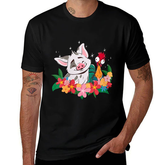 Womens Disney Moana 2 Cute Best Friends Hei Hei And Pua Floral Logo  Cotton T-Shirt