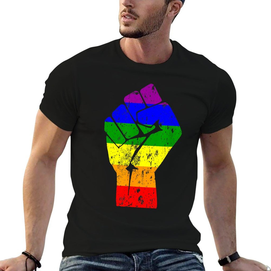 Resist Fist Rainbow Gay Pride  Ribbed Collar T-Shirt