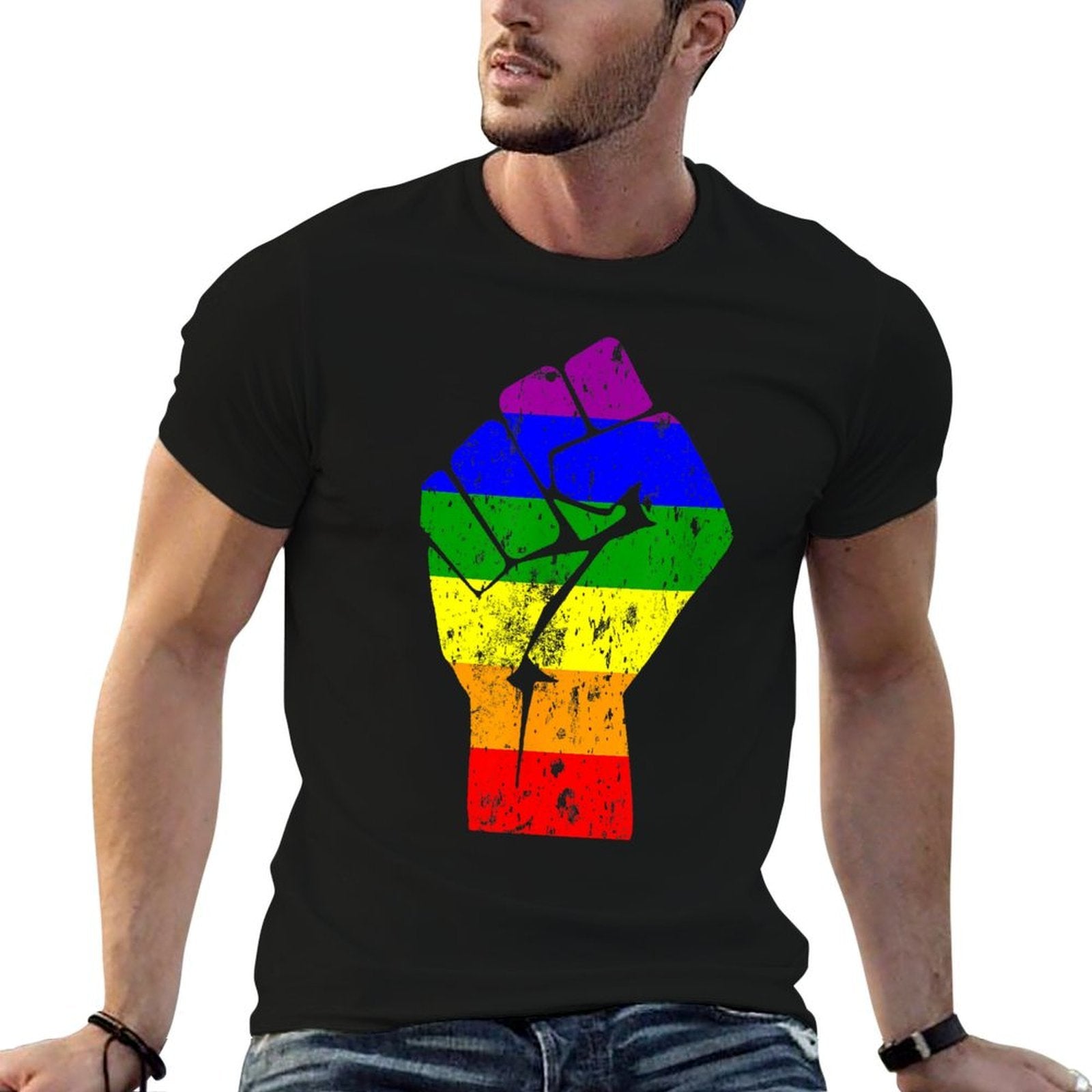 Resist Fist Rainbow Gay Pride  Ribbed Collar T-Shirt