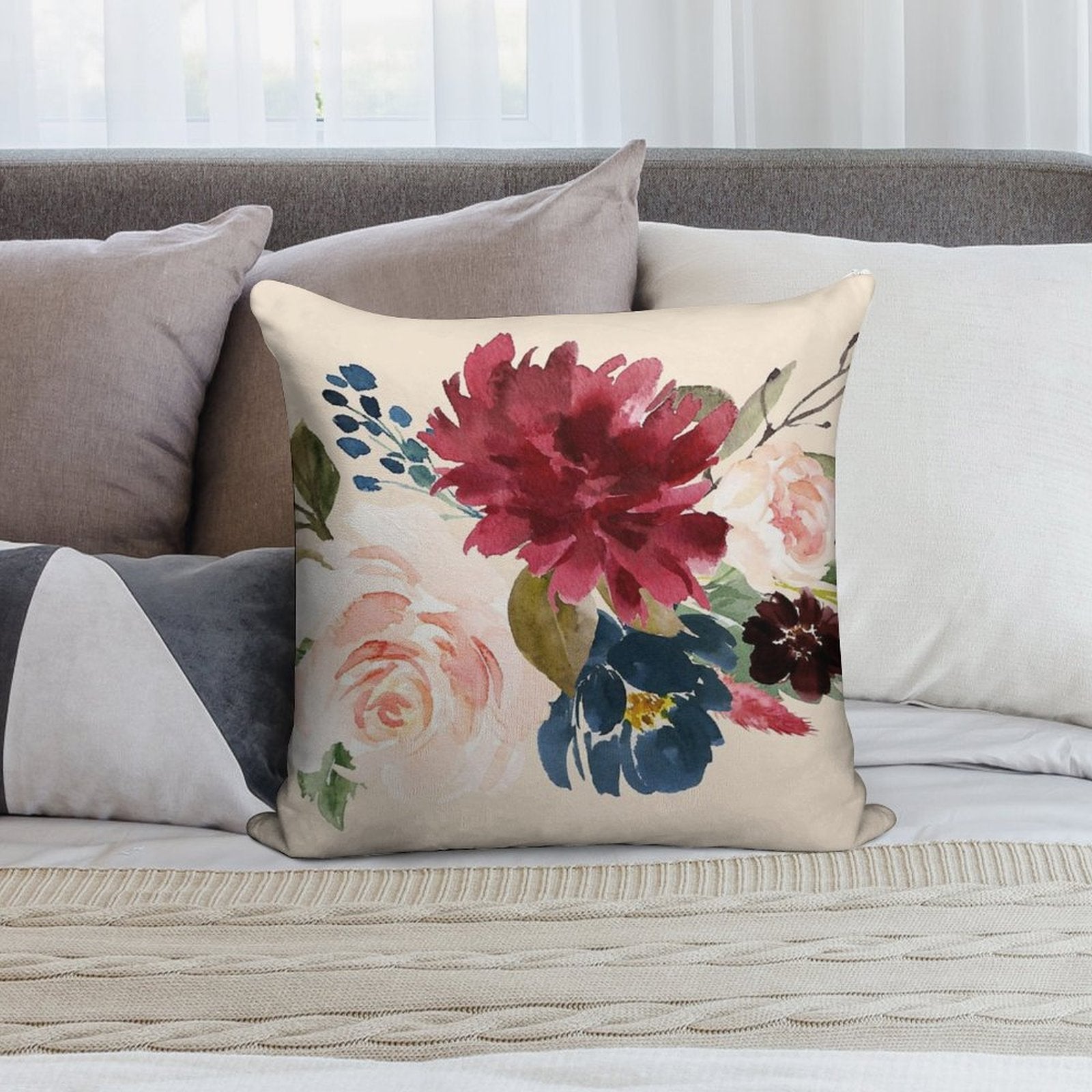 Burgundy Navy Peach Watercolor Flowers Soft Reinforced Edging Throw Pillow