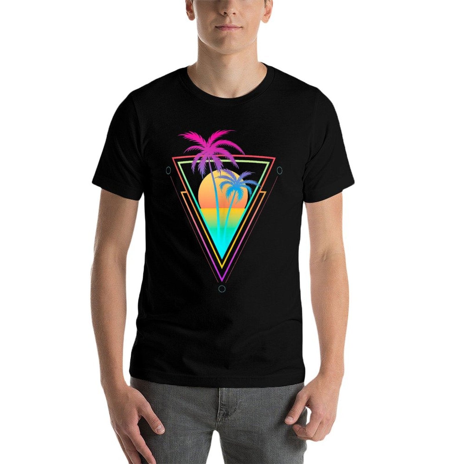 Retro 1980s 1990s Vaporwave Palm Trees Sunset Beach Surf Art  Stretchy T-Shirt