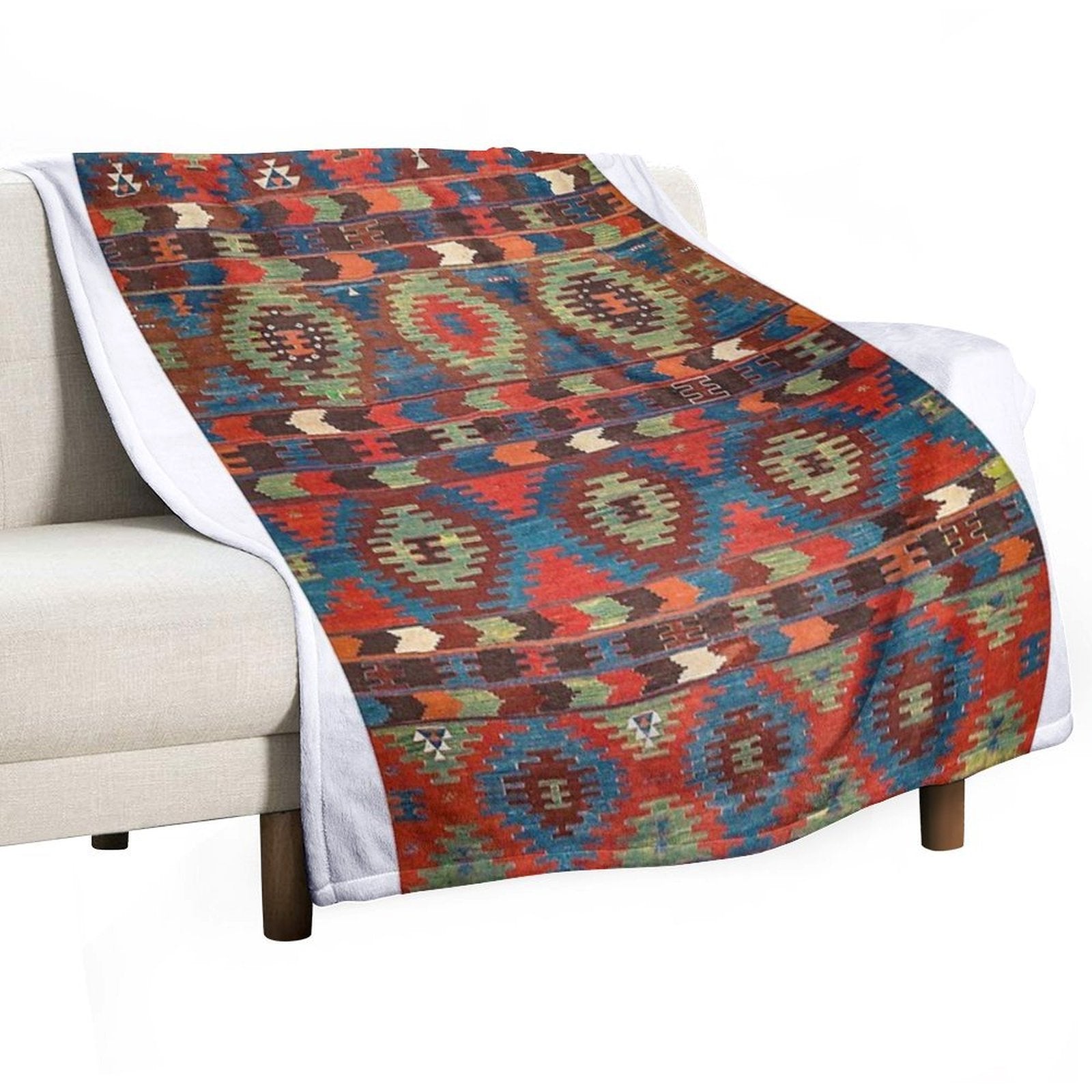 Tuscan Shapes III  19th Century Southwestern Colorful Red Blue Orange Green Brown Ornate Rug Pattern Comfort Throw Blanket