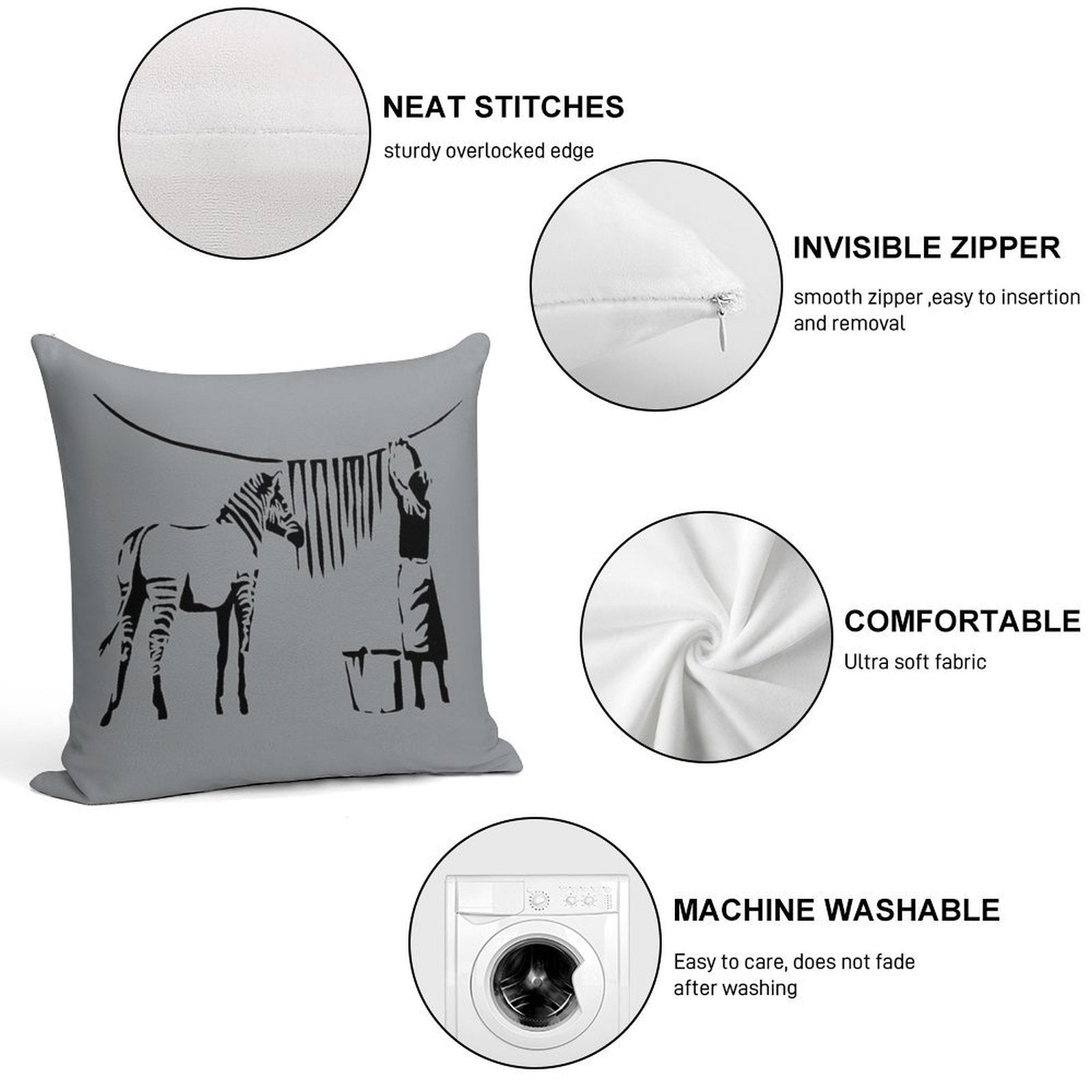 Banksy Zebra Soft Hidden Zipper Throw Pillow