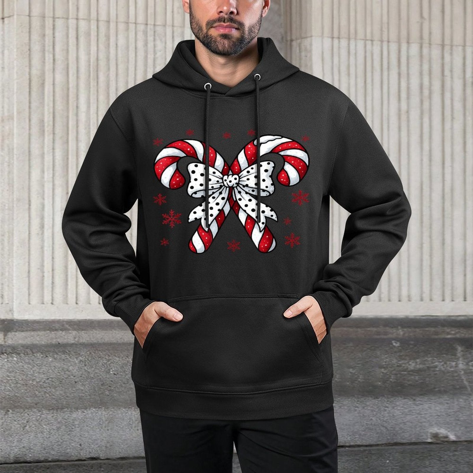 Candy Cane Christmas Season Girls Womens Retro Coquette Bow Cotton-Polyester Blend Hoodie