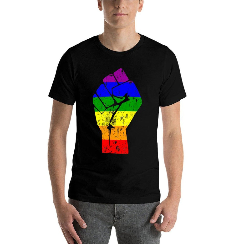 Resist Fist Rainbow Gay Pride  Ribbed Collar T-Shirt