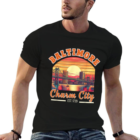 Vintage Maryland Baltimore Charm City Trip Retro Skyline Men  Durable T-Shirt
