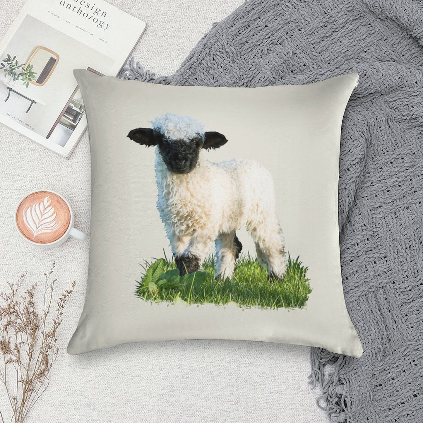 Valais Blacknose Lamb in A Meadow Placement Print Soft Reinforced Edging Throw Pillow