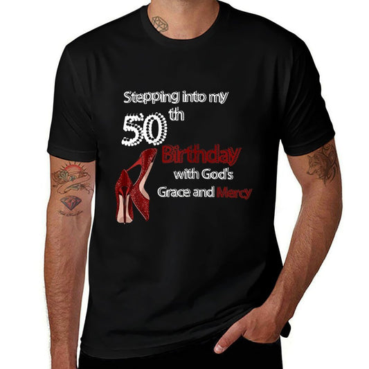 Womens Birthday for Women Girl Stepping Into My 50th Birthday with  Ribbed Collar T-Shirt