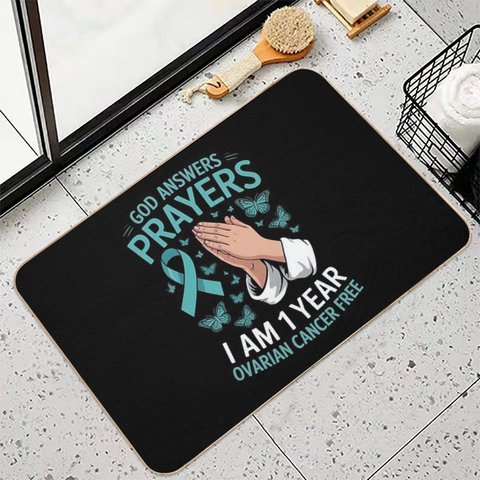 1 Year Ovarian Cancer Free God Prayer Cancer Awareness  Absorbent Bath Mat