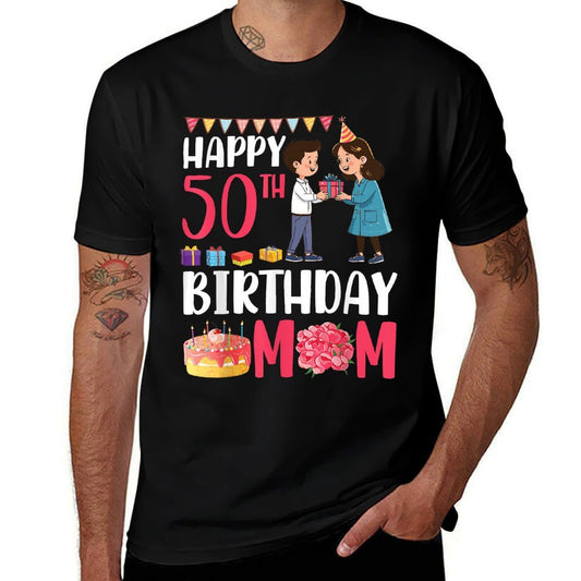 Son Happy 50th Birthday Mom With Presents Cake And Flowers  Soft T-Shirt