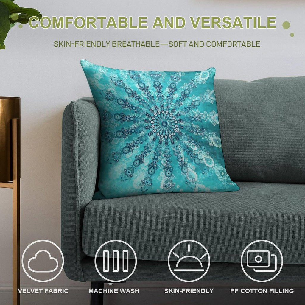 Turquoise Mandala Soft Hidden Zipper Throw Pillow