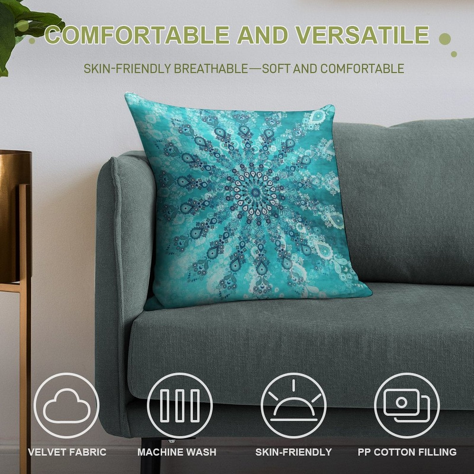 Turquoise Mandala Soft Hidden Zipper Throw Pillow