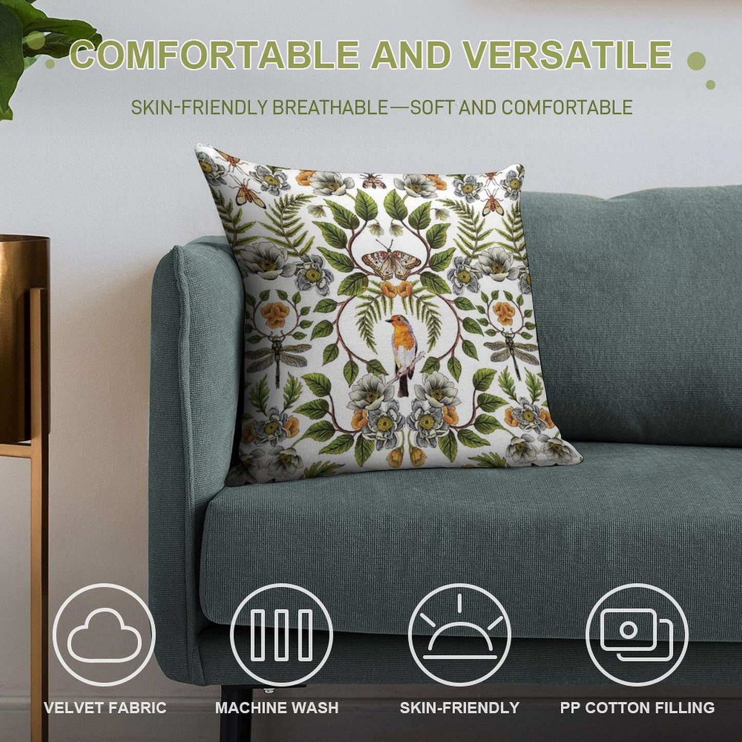 Spring Reflection - FloralBotanical Pattern W Birds, Moths, Dragonflies & Flowers Soft Gift Ready Throw Pillow