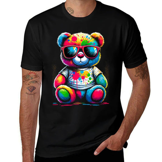 Womens Colorful Teddy Bear with Sunglasses  Moisture-wicking T-Shirt