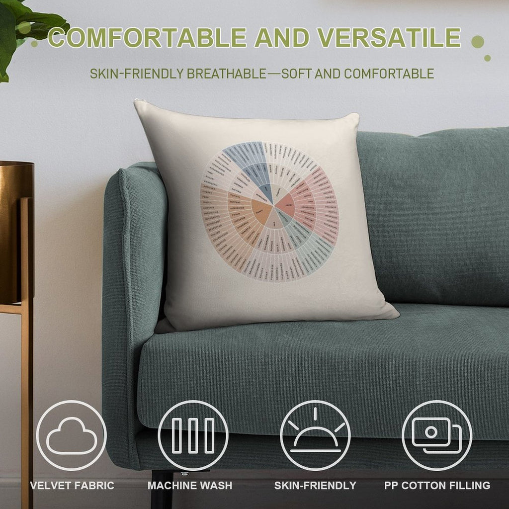 Wheel of Emotions + Feelings  Earthy + Monochrome on Sand  American English  Original Soft Short Plush Fabric Throw Pillow