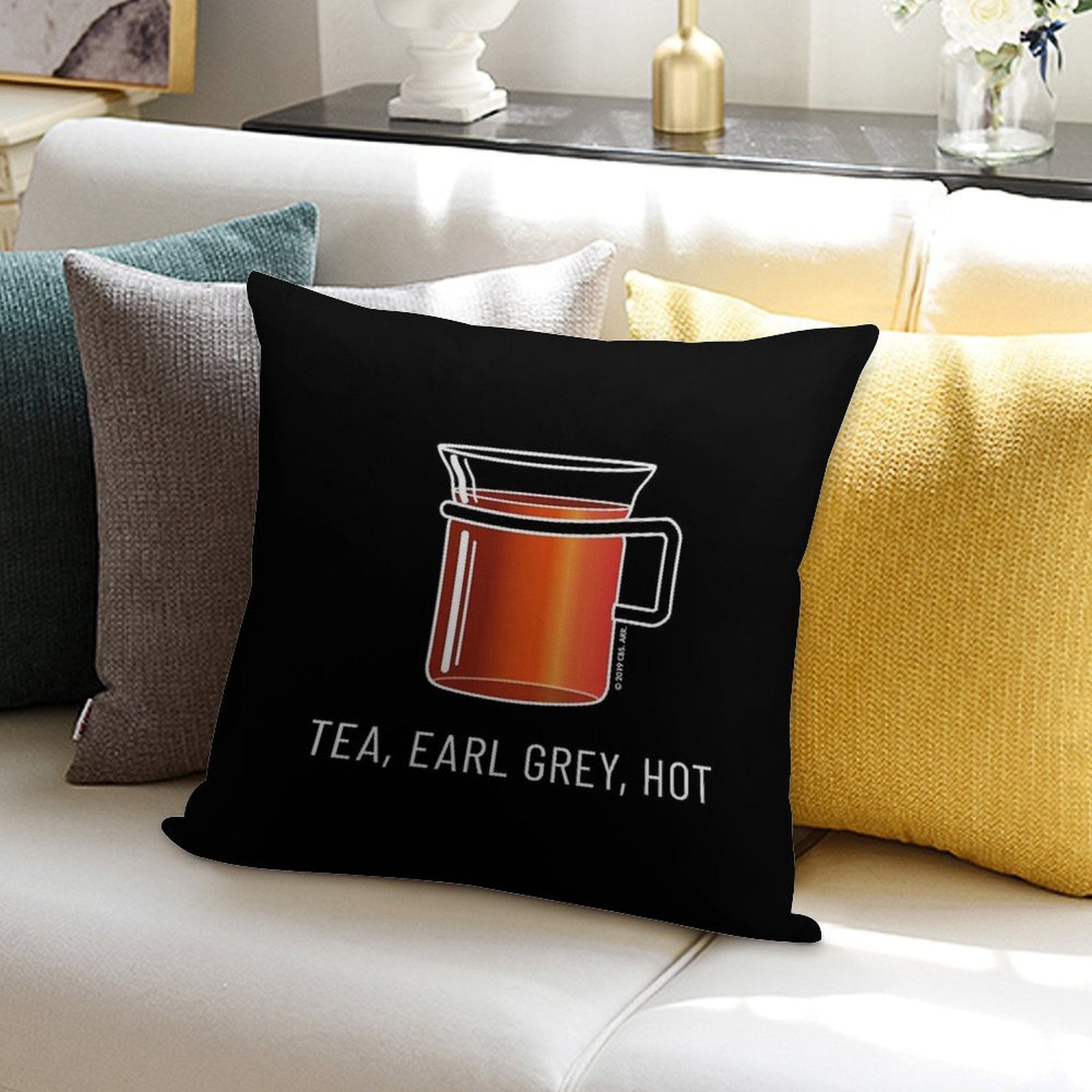 Tea, Earl Grey, Hot - Captain Picard, Star Trek TNG, (dark Backgrounds) Soft High-Density Material Throw Pillow