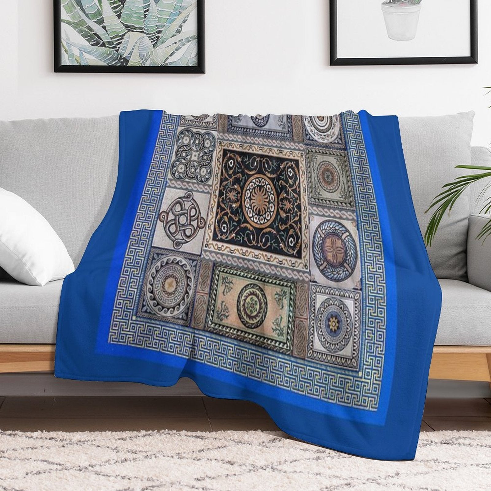 Roman Mosaic - Light Blue Machine-washable Throw Blanket