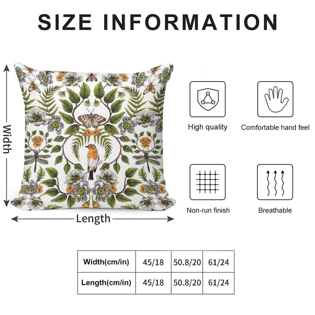 Spring Reflection - FloralBotanical Pattern W Birds, Moths, Dragonflies & Flowers Soft Gift Ready Throw Pillow