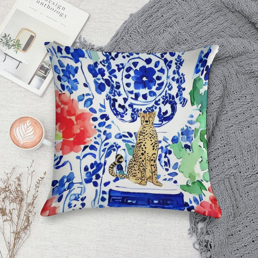 Cheetah And Chinoiserie Jars in Blue And Red Soft Bedroom Essential Throw Pillow