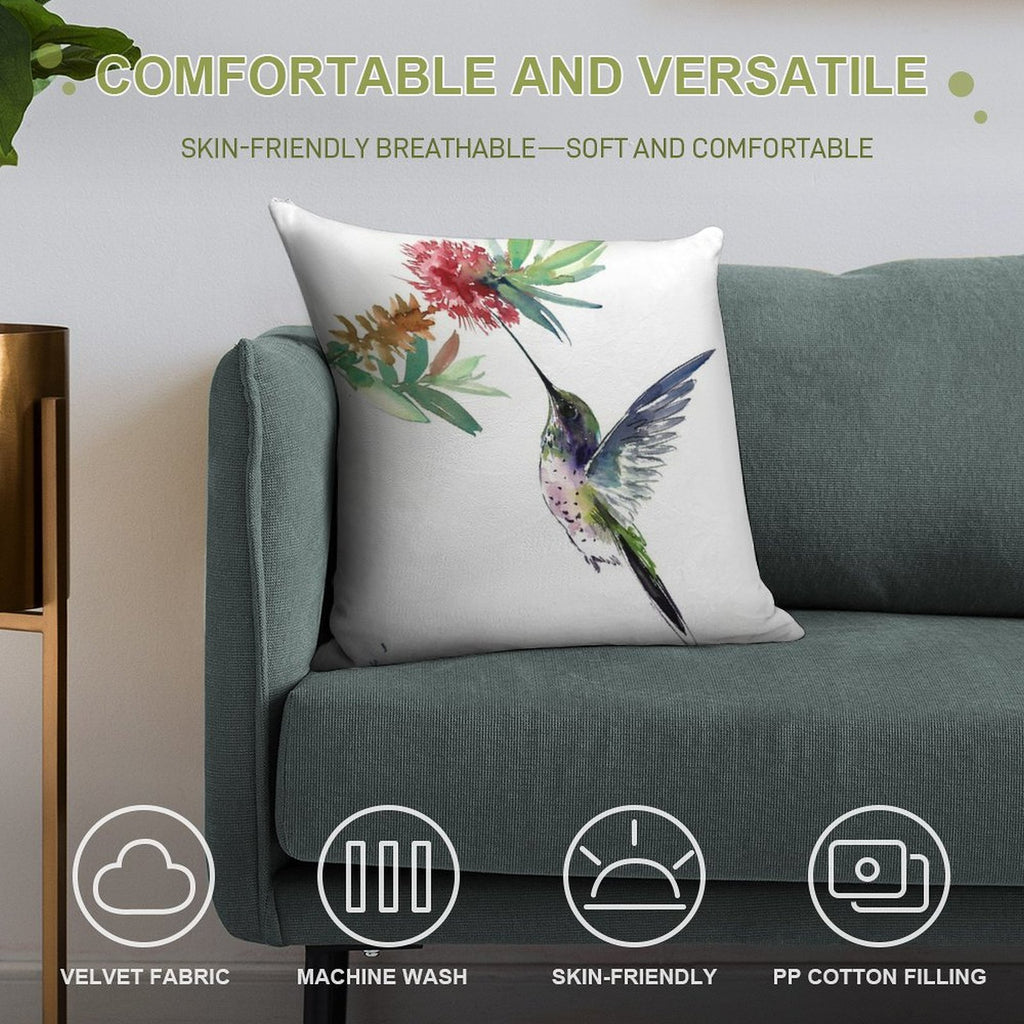 Hummingbird And Flower Soft Fade-Resistant Throw Pillow