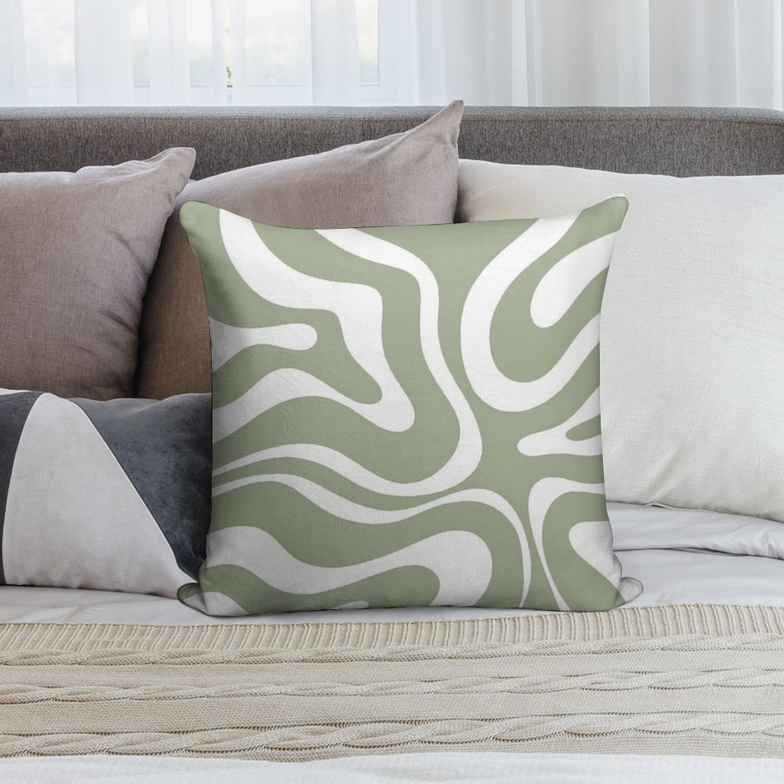 Liquid Swirl Abstract Pattern in Sage Green And White Soft Home Decor Throw Pillow