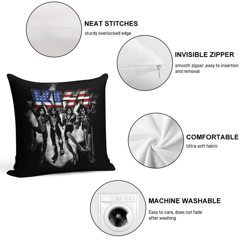 KISS ® The Band - Destroyer Black And White Fog USA Logo Soft Hidden Zipper Throw Pillow