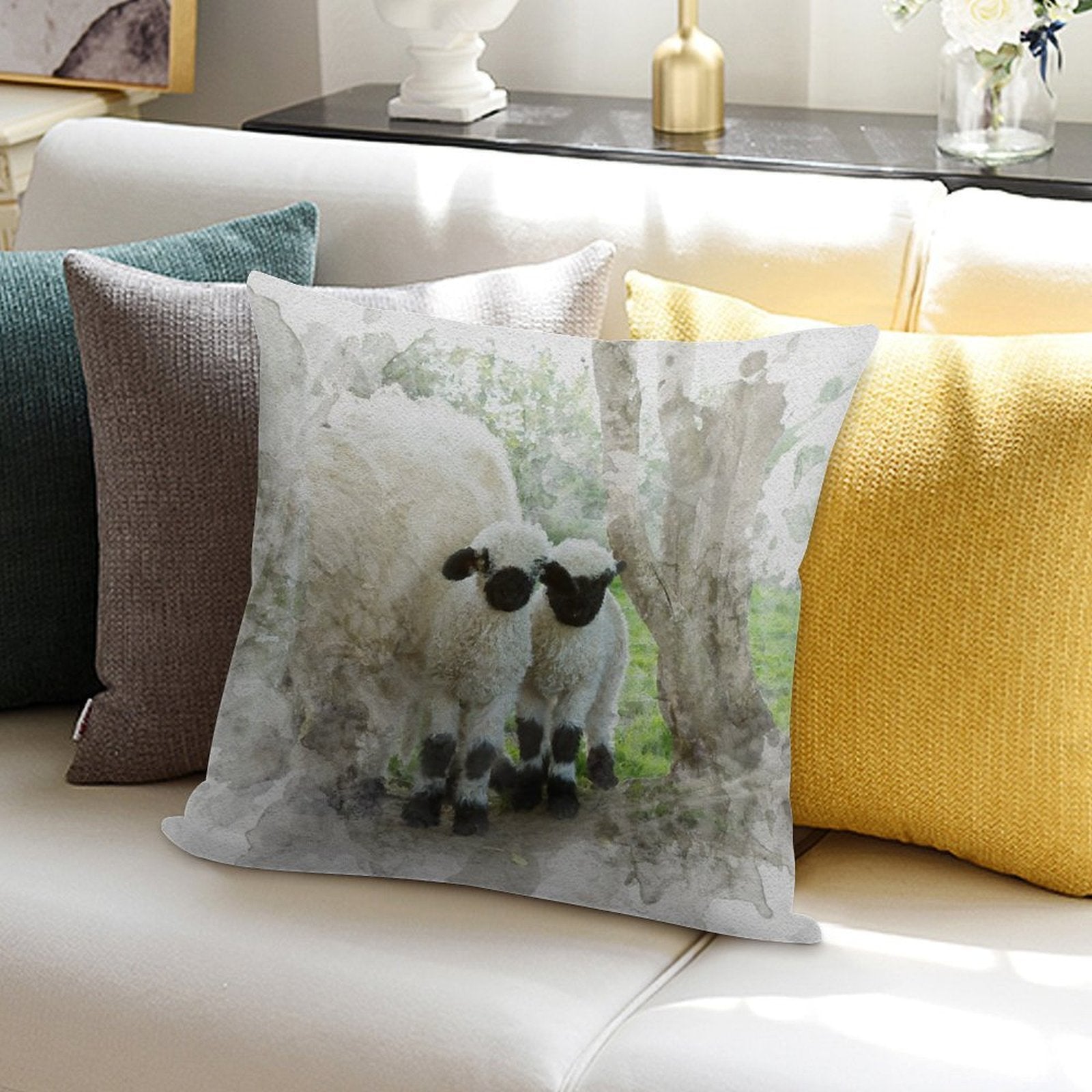 The Twins Watercolour Photograph - Valais Blacknose Lambs Soft Skin-Friendly Throw Pillow