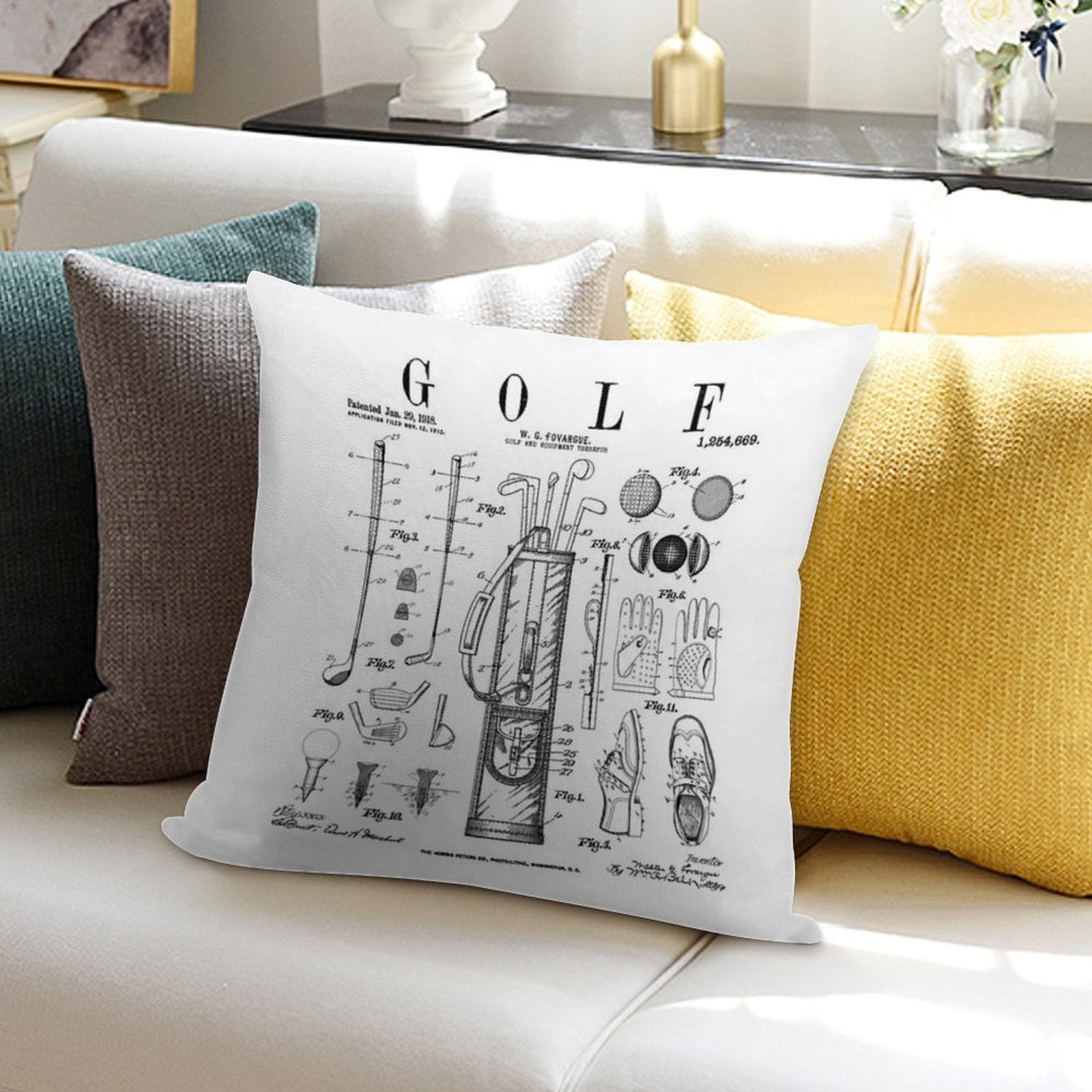 Golf Club Golfer Old Vintage Patent Drawing Print Soft Reinforced Edging Throw Pillow