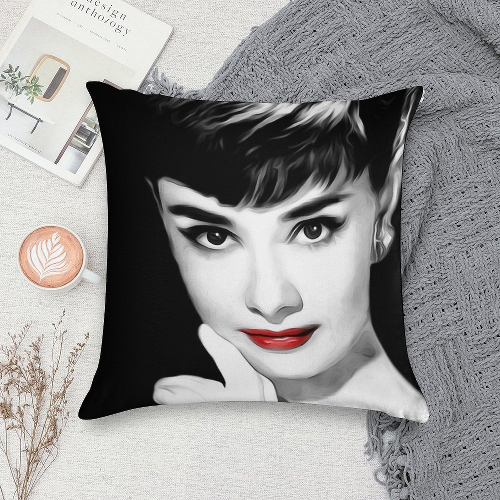 Audrey Hepburn Lips Soft Short Plush Fabric Throw Pillow
