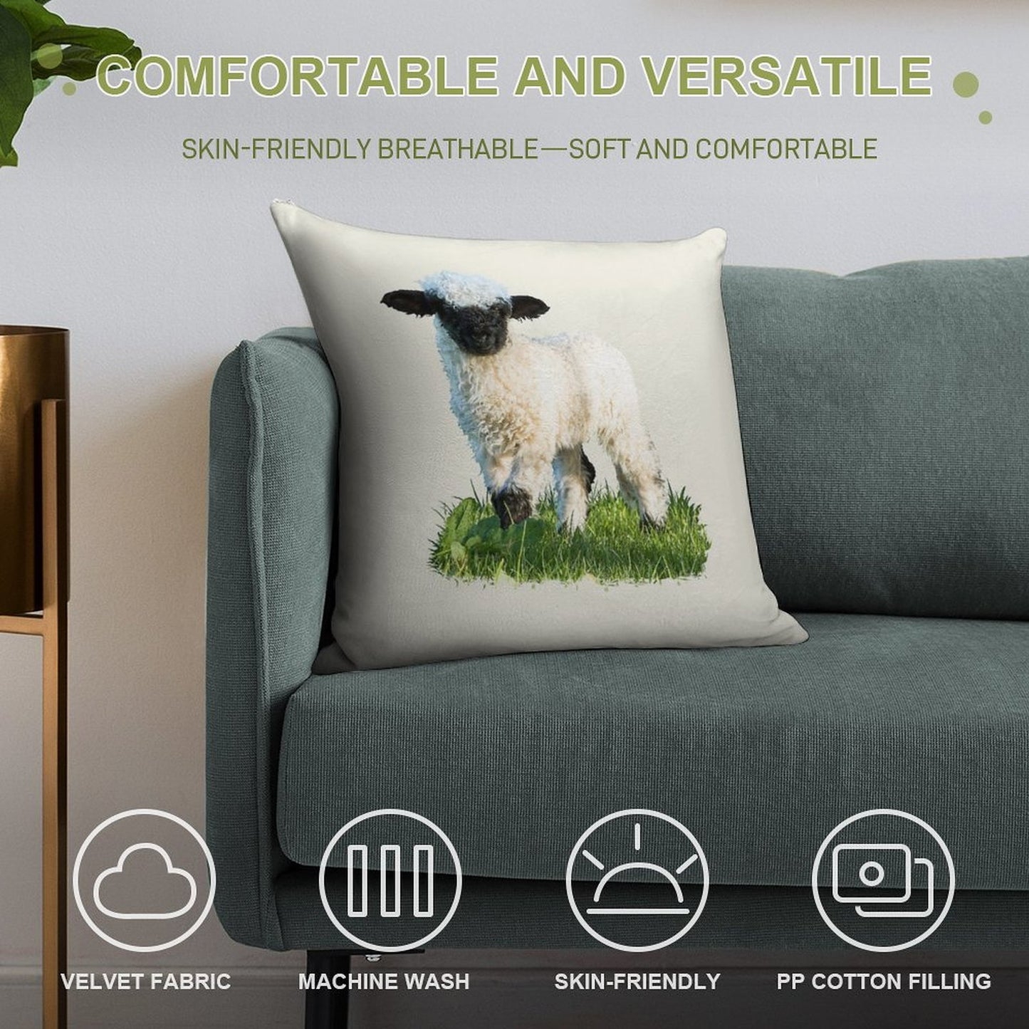 Valais Blacknose Lamb in A Meadow Placement Print Soft Reinforced Edging Throw Pillow
