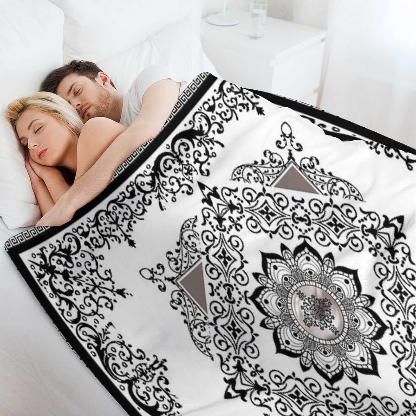 Ornate Baroque Diamonds White Black Purple Greek Key Floral Gift-ready Throw Blanket