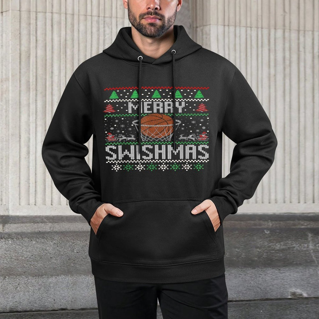 Christmas Merry Swishmas Ugly Christmas Sweater Basketball Shrink-Resistant Hoodie