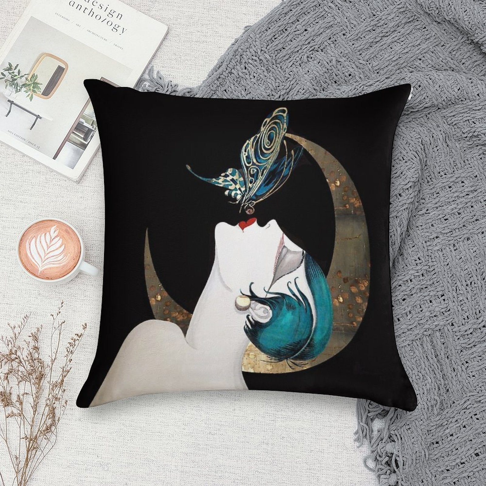 Butterfly Kiss French Art Deco Flapper Woman Remix Soft Shrink-Resistant Throw Pillow